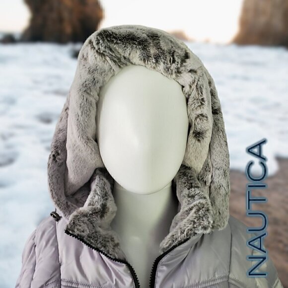 Nautica | Women's Hooded  Puffer Jacket Detachable Fx Fur Hood | Silver | NWOT - Picture 3 of 15